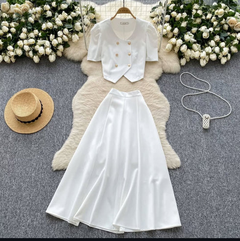 Double Breasted Half Sleeves Blazer Blouse With Skirts Sets